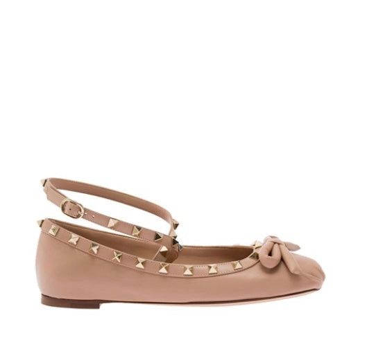 image of Valentino Garavani Rockstud Satin Ballerinas Size 41 in Beige, Women's