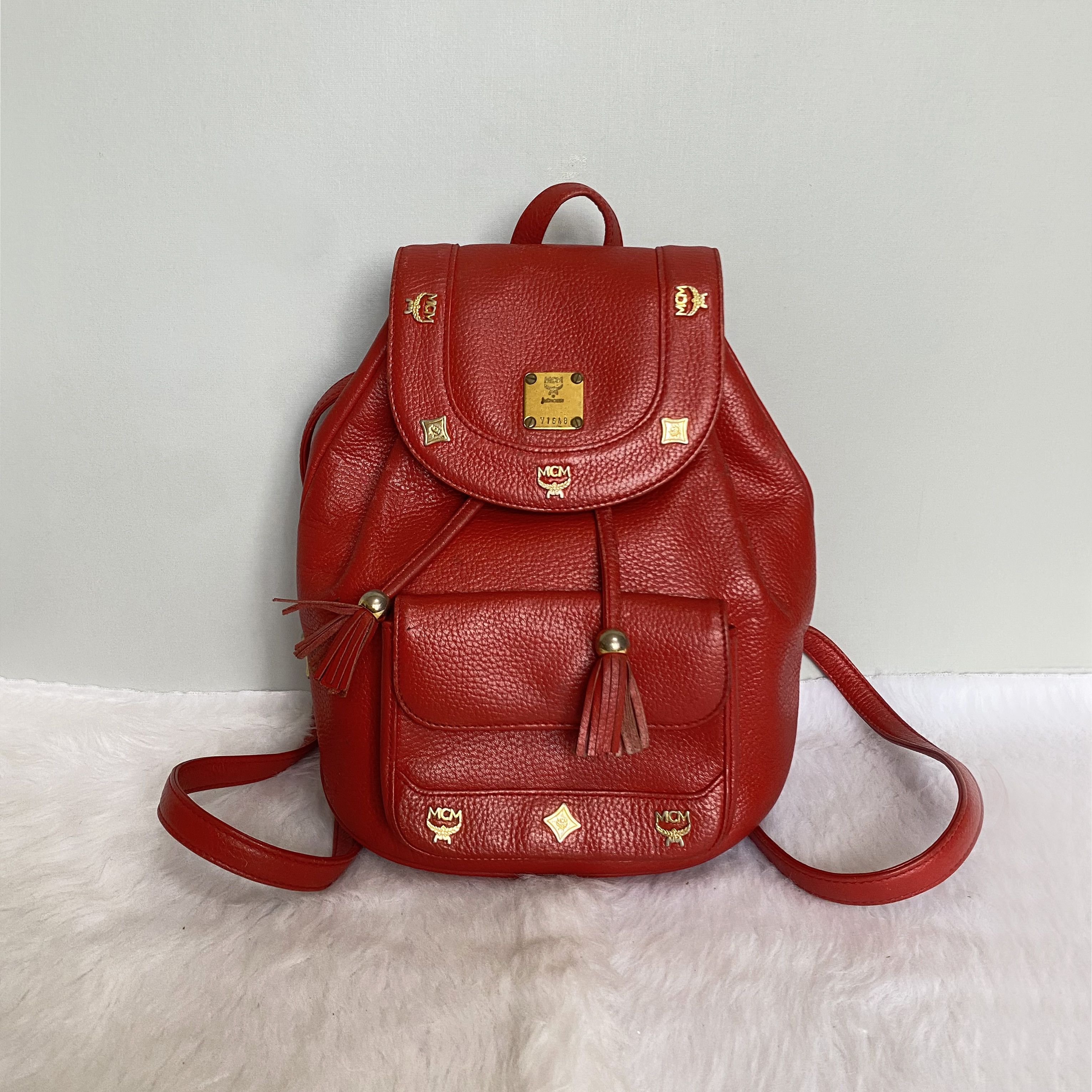 MCM Vintage Red Studded Leather Backpack