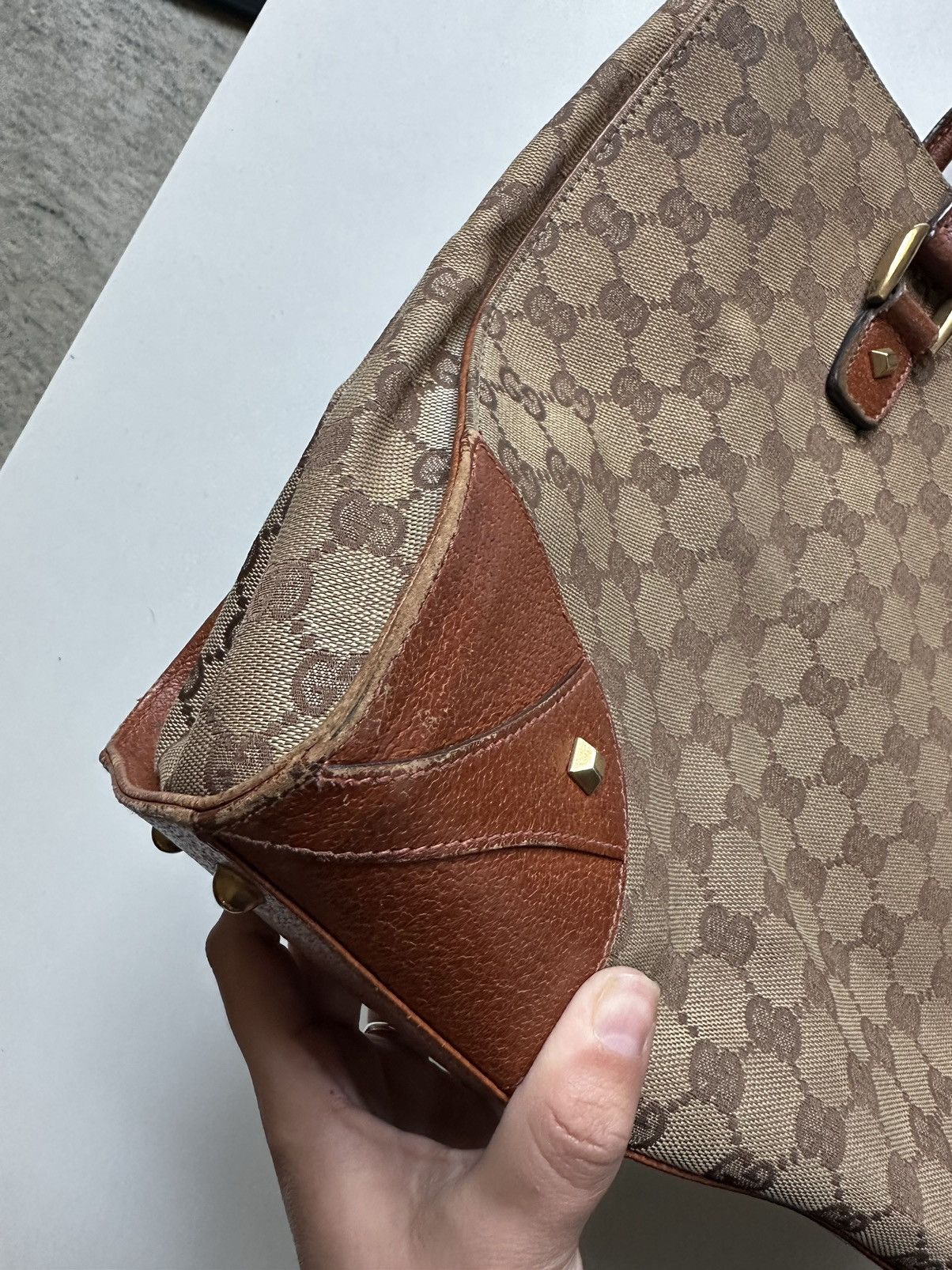 Vintage Vintage Gucci GG Logo Nailhead Tote Canvas Leather Tan Brown Size ONE SIZE - 6 Thumbnail