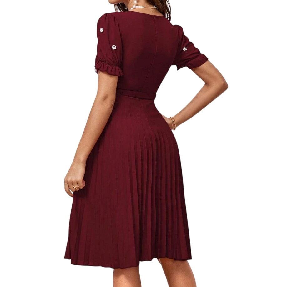Shein Pearls Beaded Puff Sleeve Pleated Hem Dress in Maroon Size S Size S / US 4 / IT 40 - 2 Thumbnail