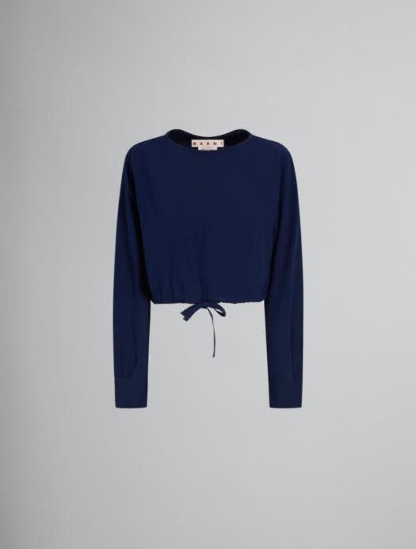 Marni o1f1d3z0326 Drawstring-Hem Cropped Silk Blouse in Blue Size L / US 10 / IT 46 - 1 Thumbnail