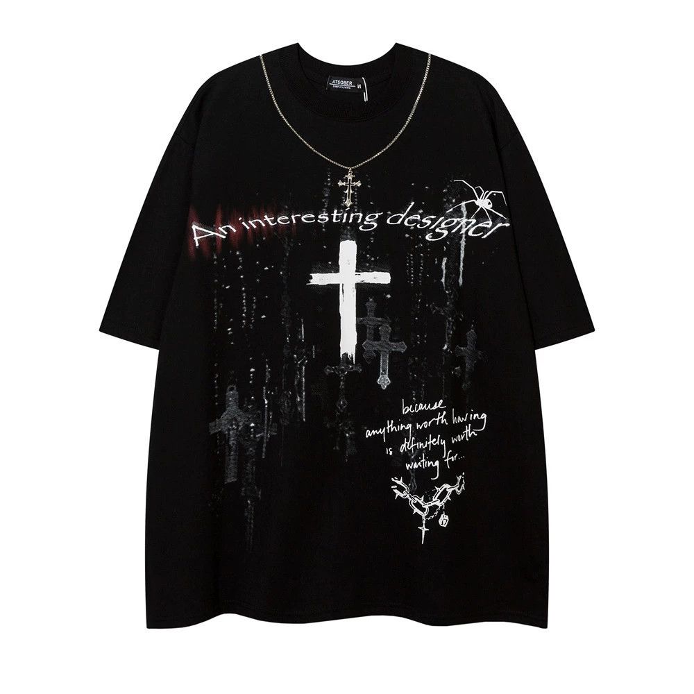 Vintage Men's casual retro washed cross loose necklace T-shirt Size US M / EU 48-50 / 2 - 1 Thumbnail