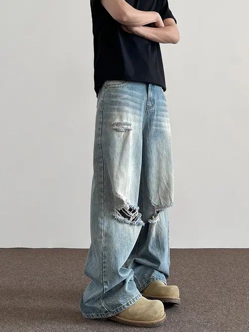 VIBE Blue Baggy Distressed Denim Jeans, Loose Wide Leg Jeans Size US 28 / EU 44 - 7 Thumbnail
