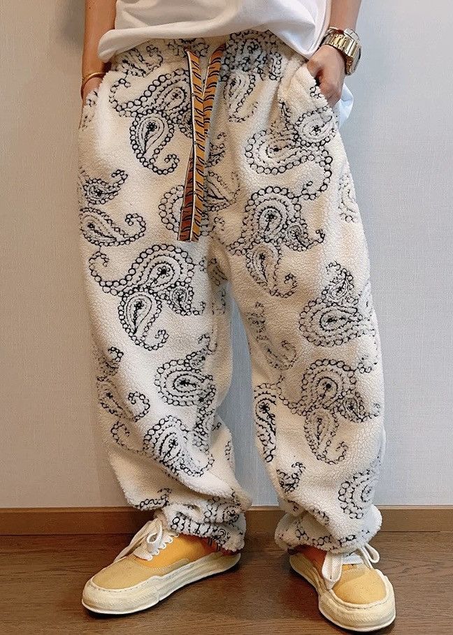 image of Vintage Avant Garde Retro Paisley Fleece Pants With Tiger Embroidery in White, Men's (Size 33)