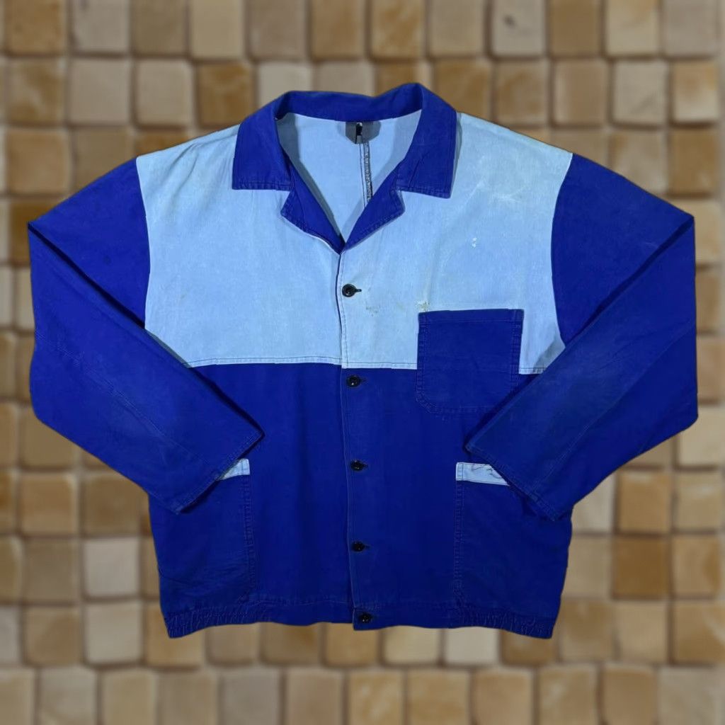 Vintage Vintage Blue Two Tone French Style Distressed Chore Worker Workwear Jacket Large Size US L / EU 52-54 / 3 - 1 Thumbnail