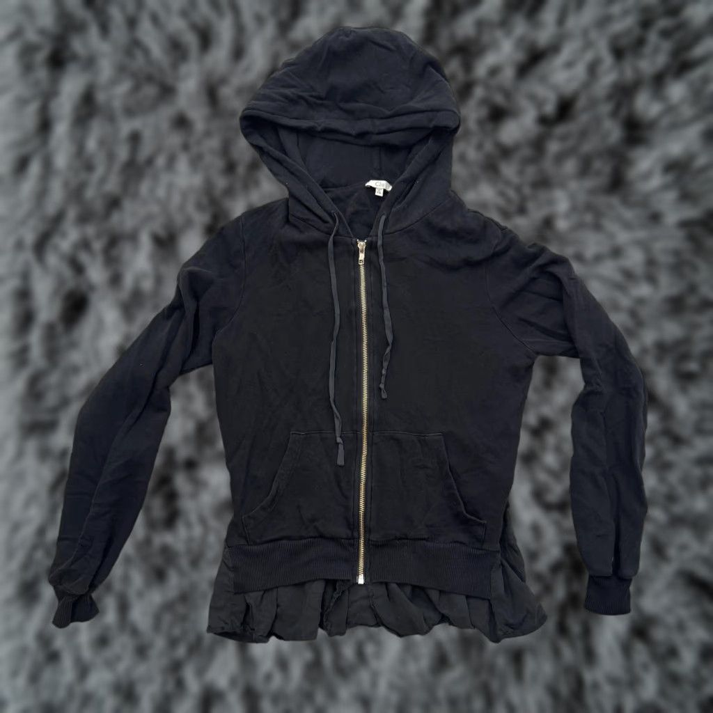 Vintage Clu Hoodie Womens XS Black Ruffle Hem Full Zip Hooded Jacket Made USA Silk Blend Size XS / US 0-2 / IT 36-38 - 1 Thumbnail