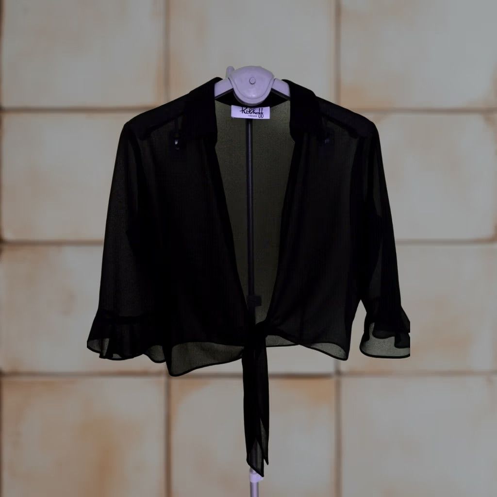 Vintage Ribbkoff Womens Black Top One Size Blouse Short Sleeve Cropped Polyester Chiffon Casual Summer Vintage No Size ONE SIZE - 1 Thumbnail
