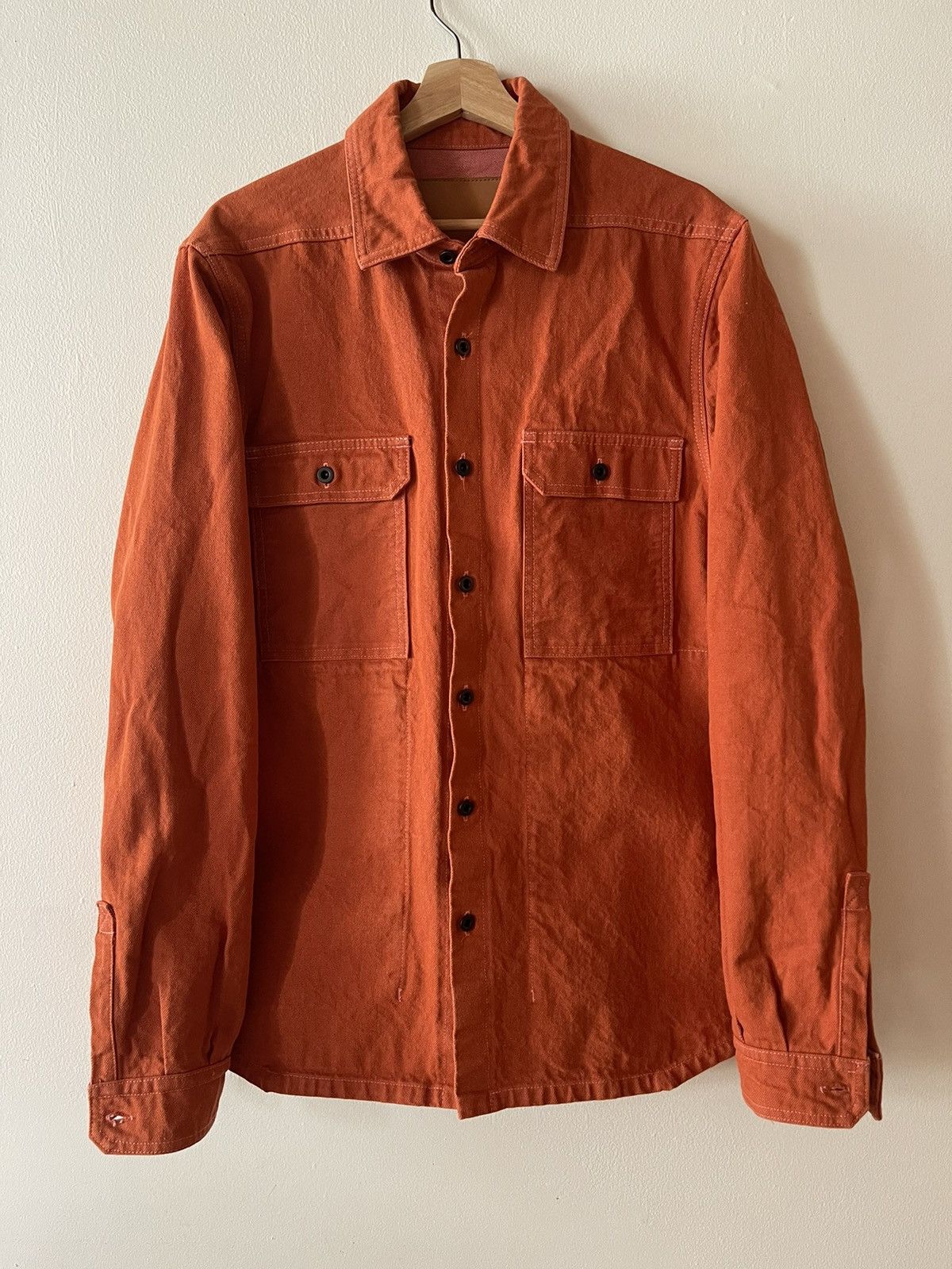 image of Rick Owens x Rick Owens Drkshdw Ss22 Fogachine Orange Japanese Denim Overshirt Workshirt (Size Larg