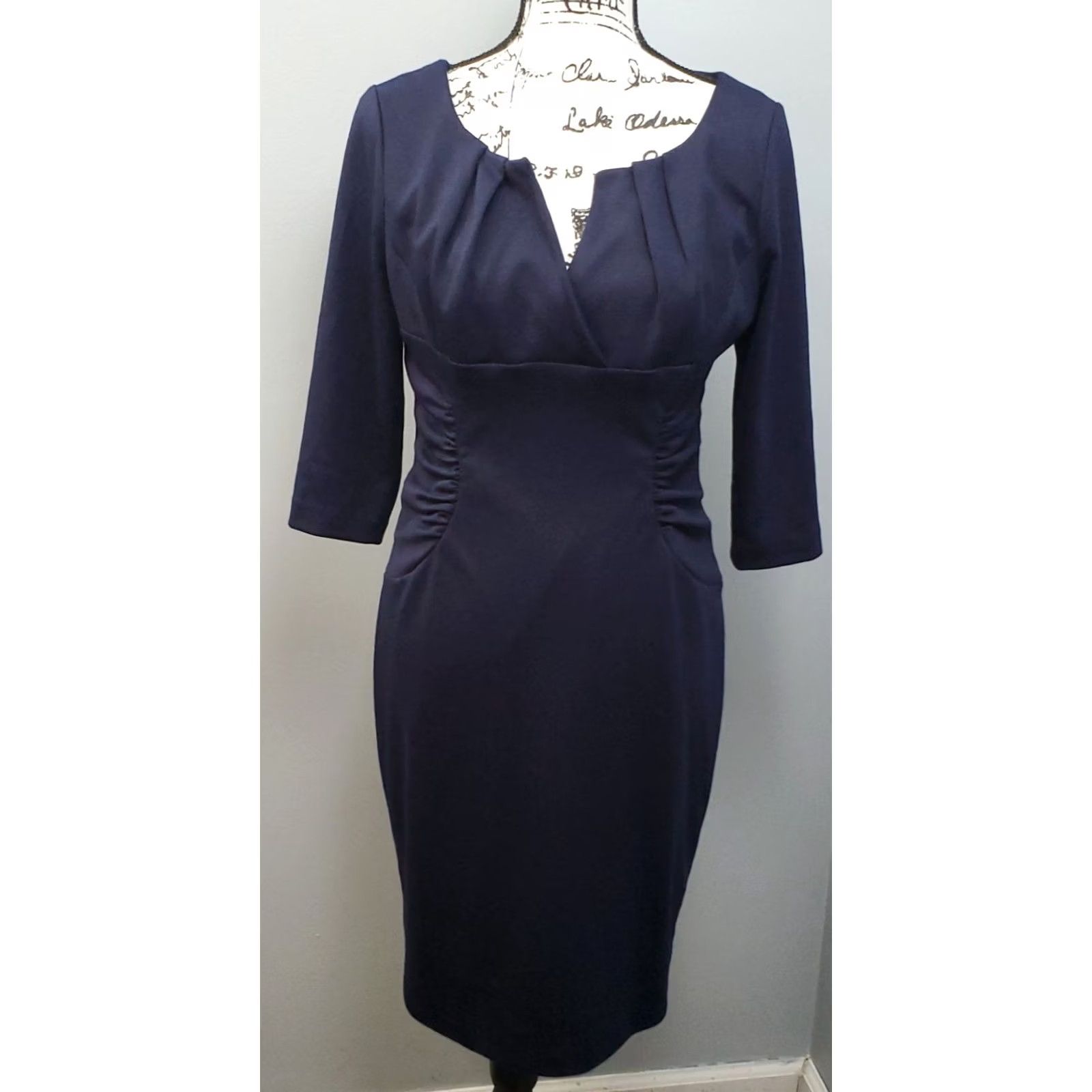 Adrianna Papell Adrianna Papell Bodycon Dress Womens 8P Navy Ruched Side Split Neck Back Zip Dress Size M / US 6-8 / IT 42-44 - 2 Thumbnail