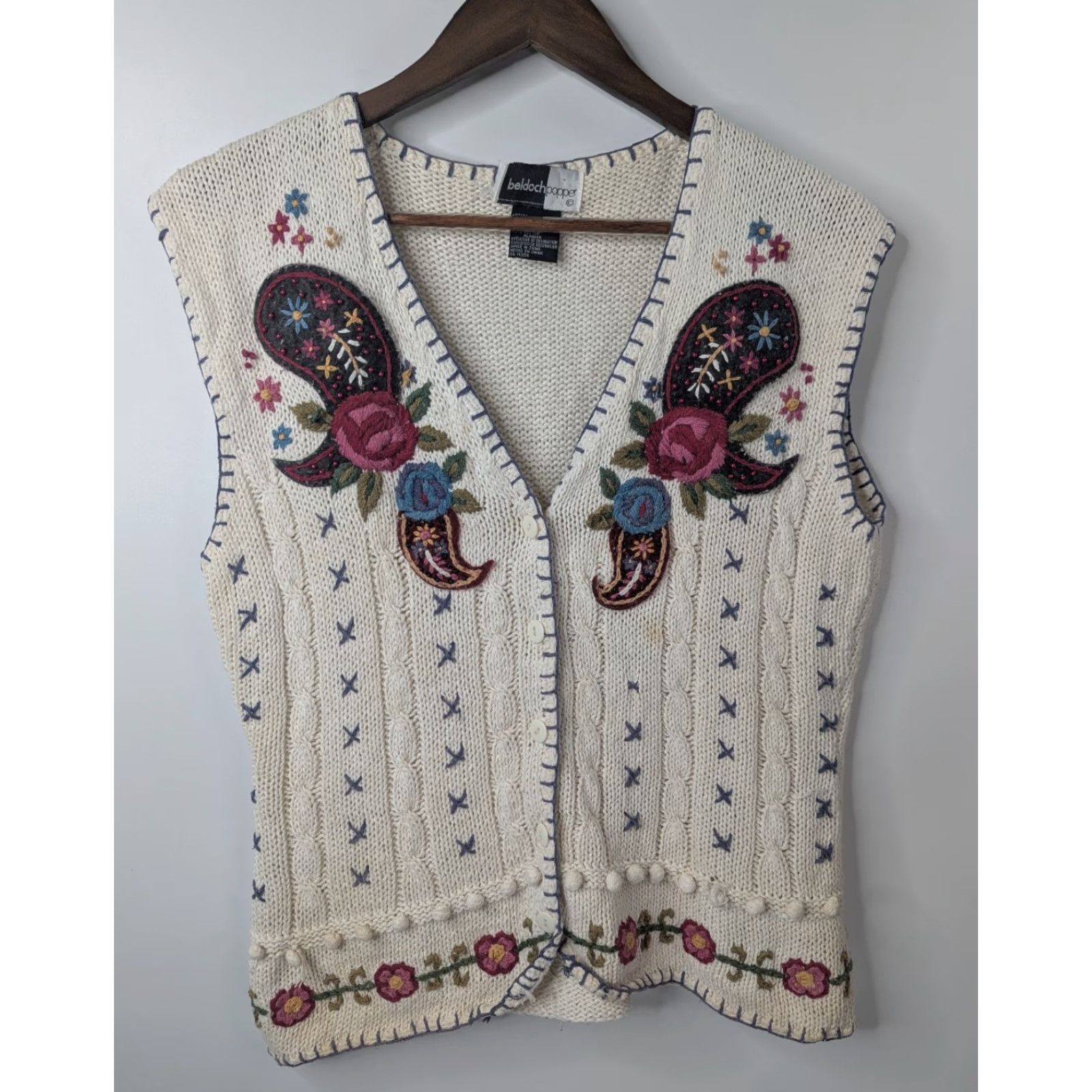 Vintage VINTAGE Beldoch-Popper Vest Womens M Crochet Beige Ramie Cotton Long Sleeve V-Neck Christmas Embroidered Button Quilted Collarless Size M / US 6-8 / IT 42-44 - 2 Thumbnail