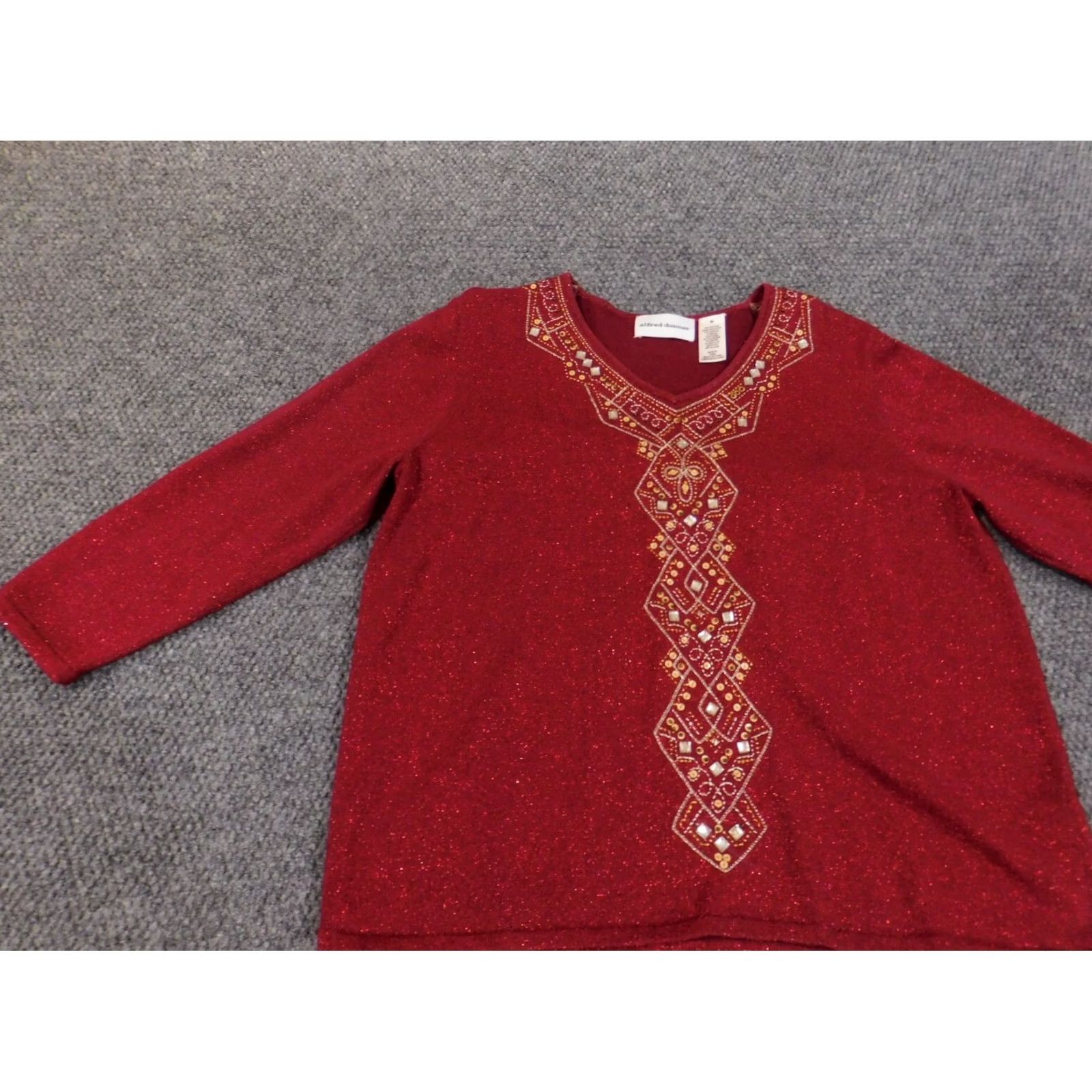 Vintage Alfred Dunner Sweater XL Red Beaded Embellishments Womens Stretch Knit Raglan Sleeve V-Neck Pullover Knit Size XL / US 12-14 / IT 48-50 - 2 Thumbnail