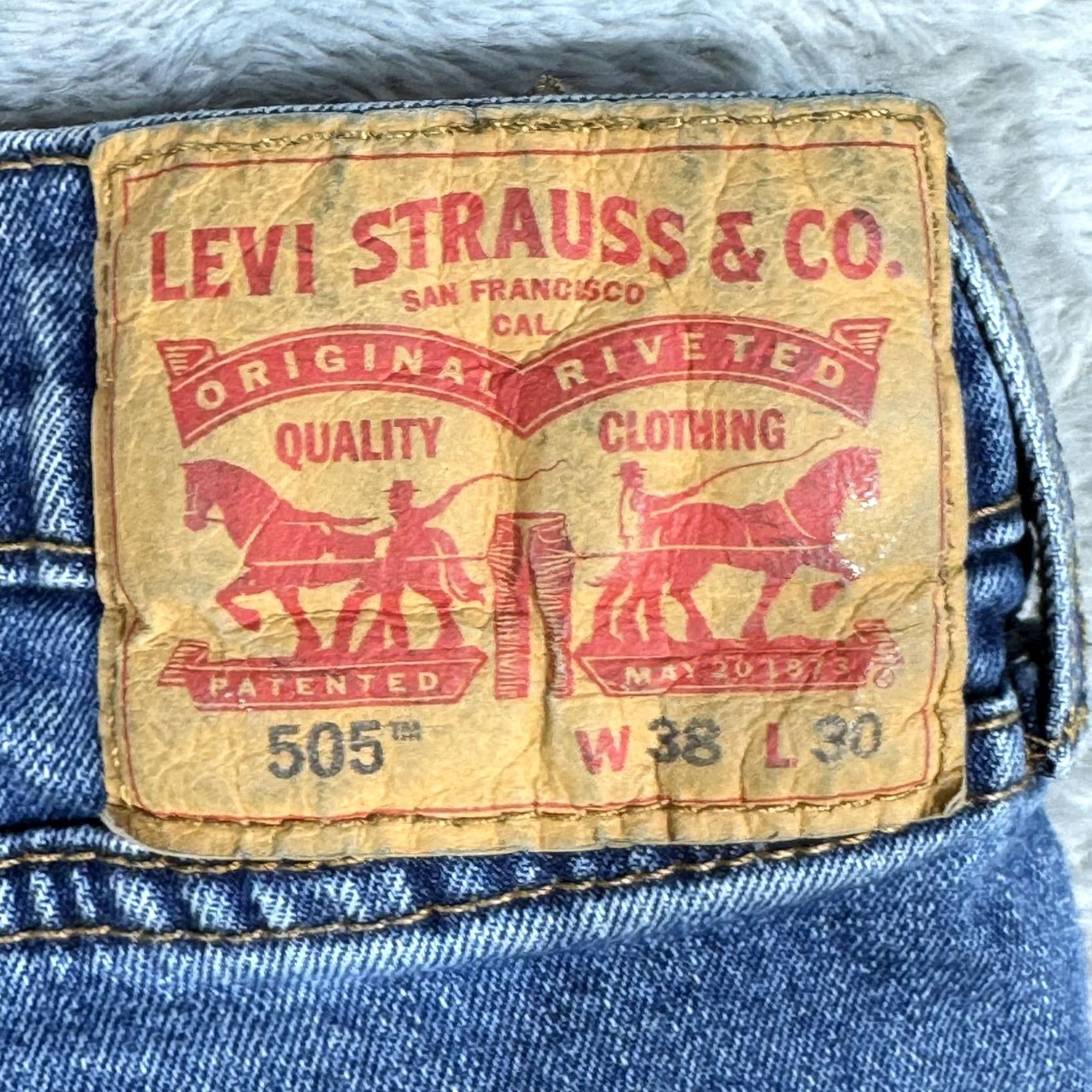 Levi's Levis 505 Jeans Mens 38x30 Medium Blue Straight Leg Distressed Denim Pants Regular Rise 5-Pocket Zip Fly Size US 38 / EU 54 - 3 Thumbnail