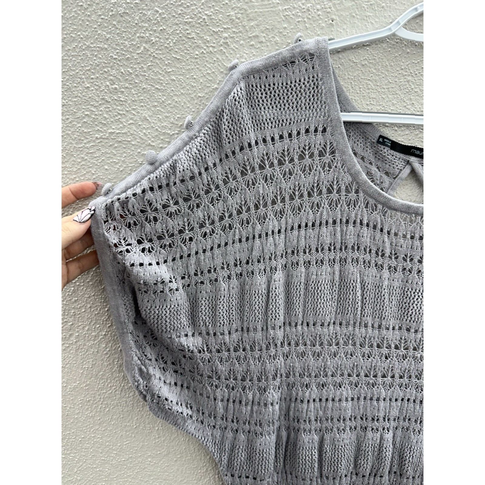 Vintage Maurices Womens Blouse XL Gray Open Knit Short Sleeve Shirt Regular Cotton Rayon Knit Open Collarless Classic Theme Mens Womens Girls? Size XL / US 12-14 / IT 48-50 - 2 Thumbnail