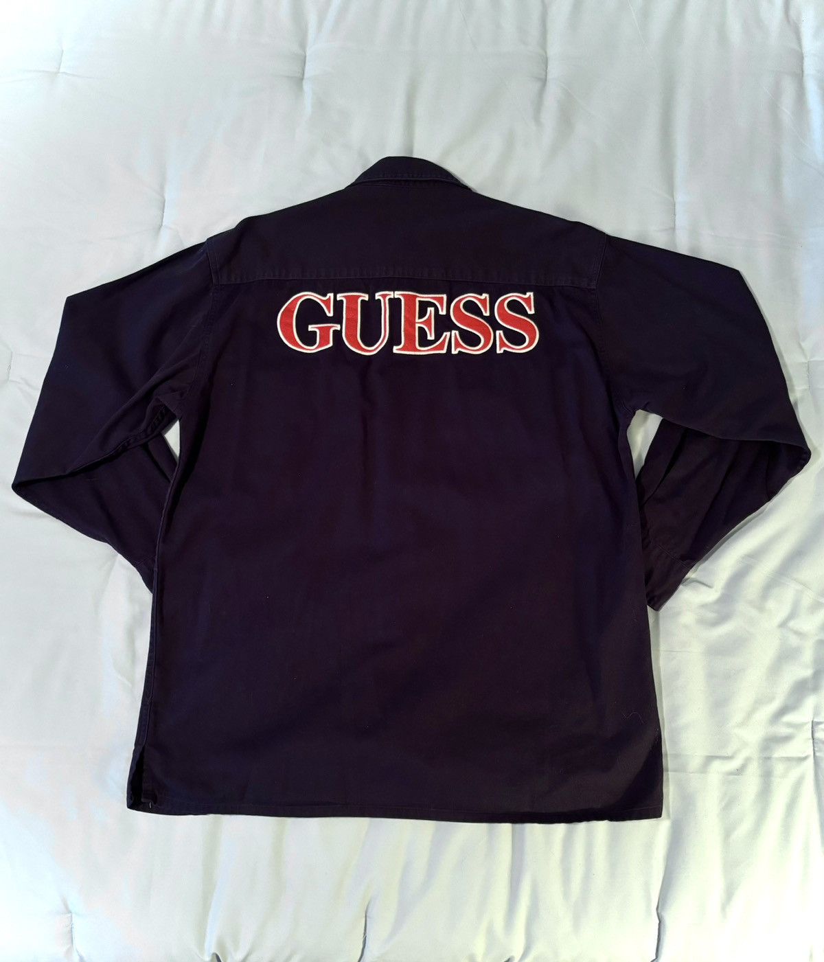 image of Guess Classics Appliqué Logo Button-Up Mechanic Embroidered in Navy, Men's (Size Large)