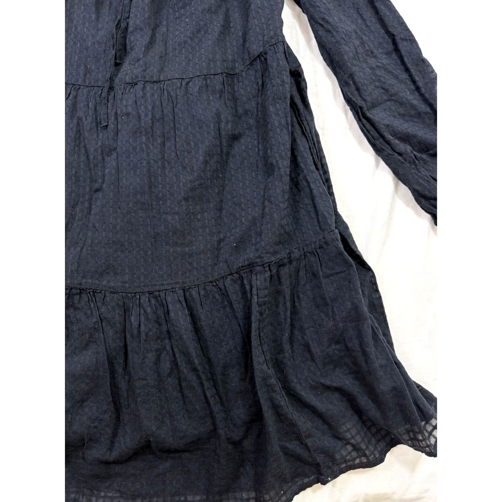 Gap VINTAGE Gap Women’s Medium Tall Tie Front Tiered Mini Dress Black Long Sleeve Cotton Size M / US 6-8 / IT 42-44 - 3 Thumbnail