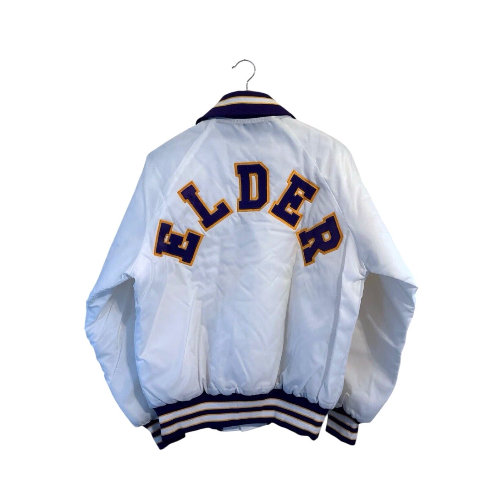 Vintage VINTAGE Elder High School Satin Jacket Mens L Deadstock NWT White Purple Gold Trim 80s Bomber USA Size US L / EU 52-54 / 3 - 2 Thumbnail