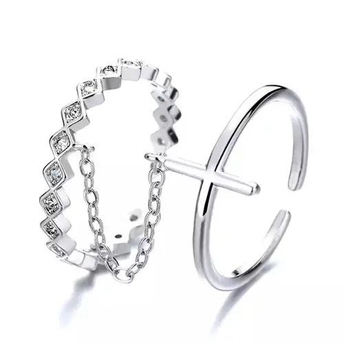 Jewelry × Vintage Geometric Double Ring Cross Chain Open Ring Size ONE SIZE - 2 Thumbnail