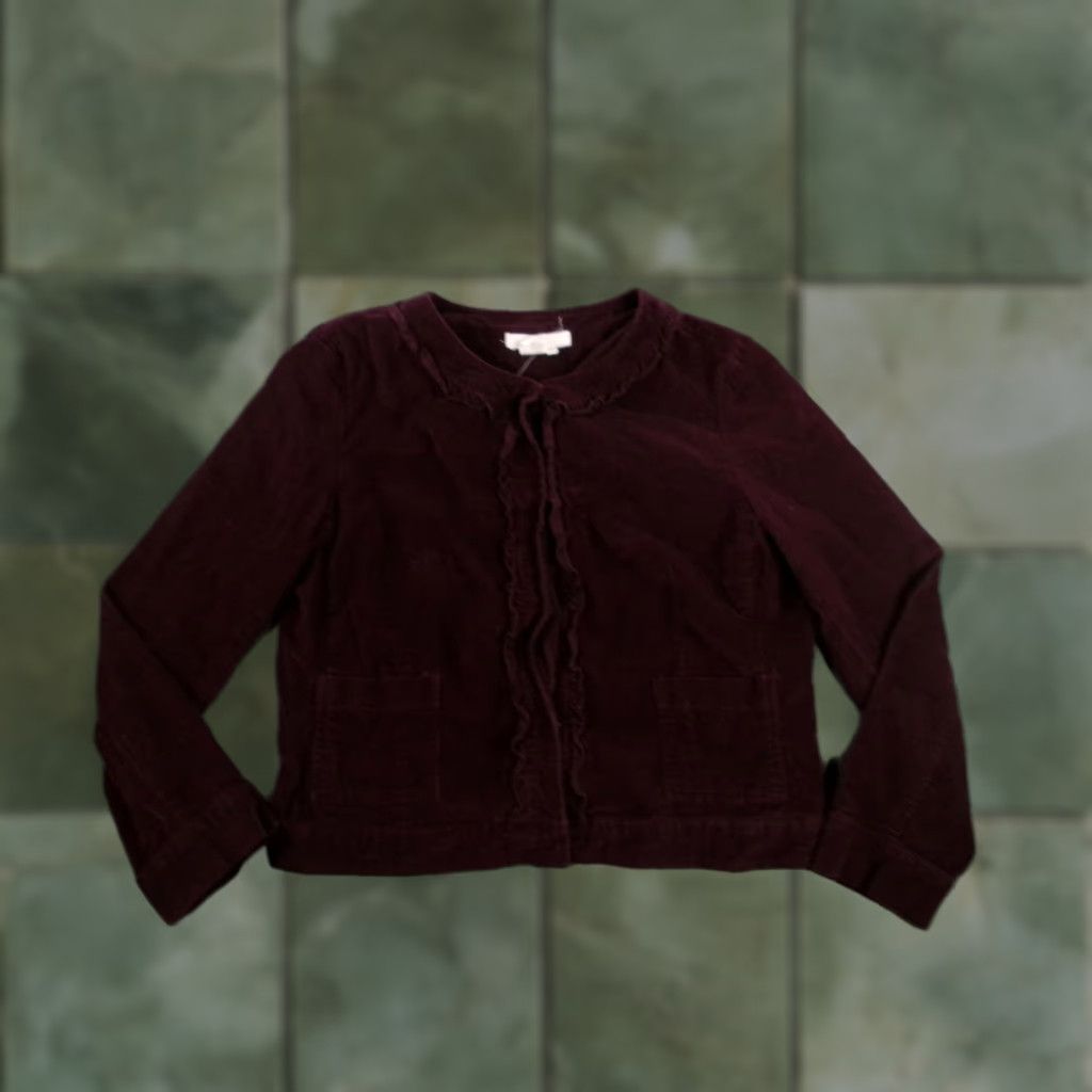 Sandro Sandro Corduroy Jacket Womens Medium Maroon Ruffled Boho Chic Casual Fall Spring Layering Snap Size M / US 6-8 / IT 42-44 - 1 Thumbnail