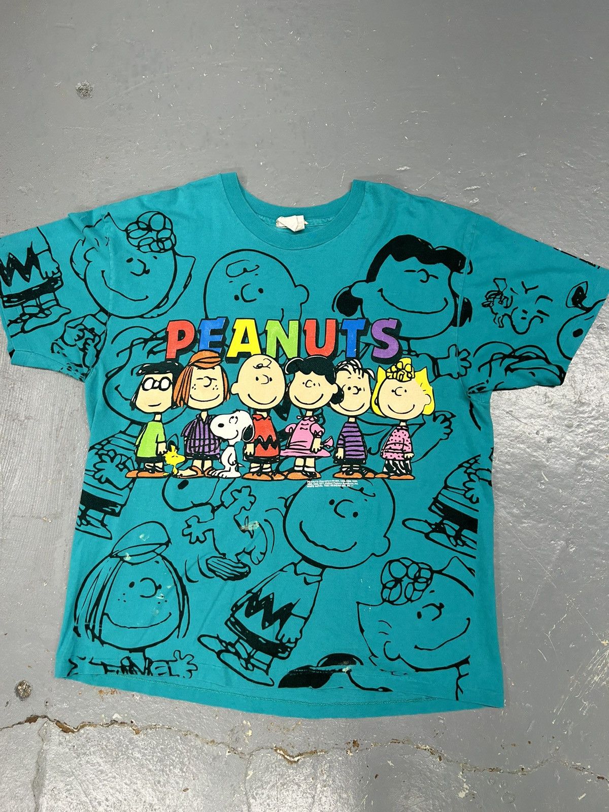 image of Crazy Vintage Peanuts All Over Print Graphic Cartoon T-Shirt in Blue, Men's (Size XL)