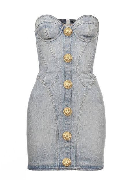 Balmain o1s1wg111225 Short Denim Dress in Light Blue Size L / US 10 / IT 46 - 1 Thumbnail