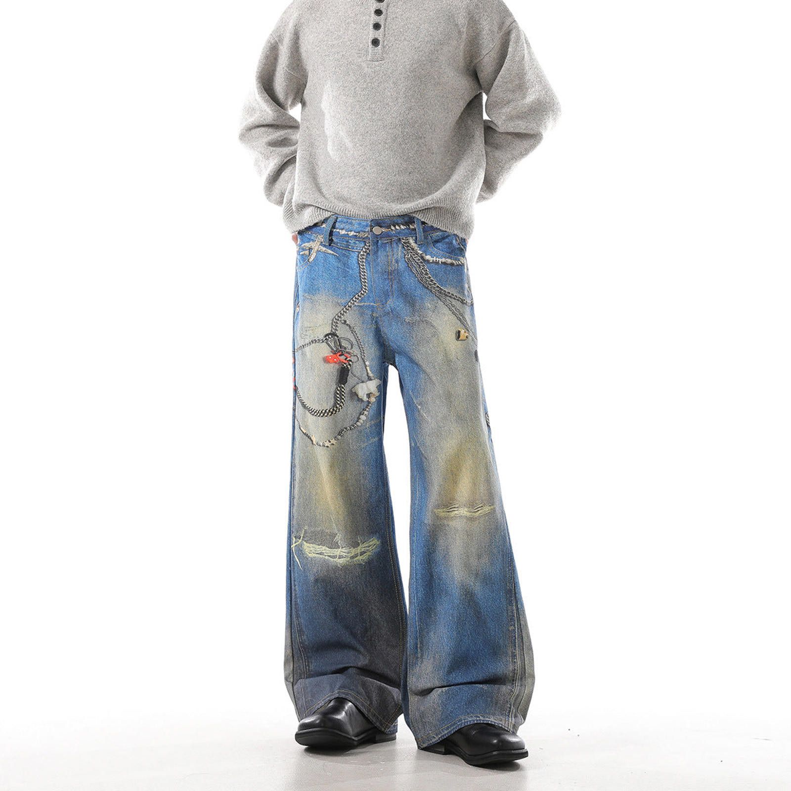 Japanese Brand Blue Distressed Wide Leg Denim Jeans, Baggy Fit Jeans Size US 32 / EU 48 - 4 Thumbnail