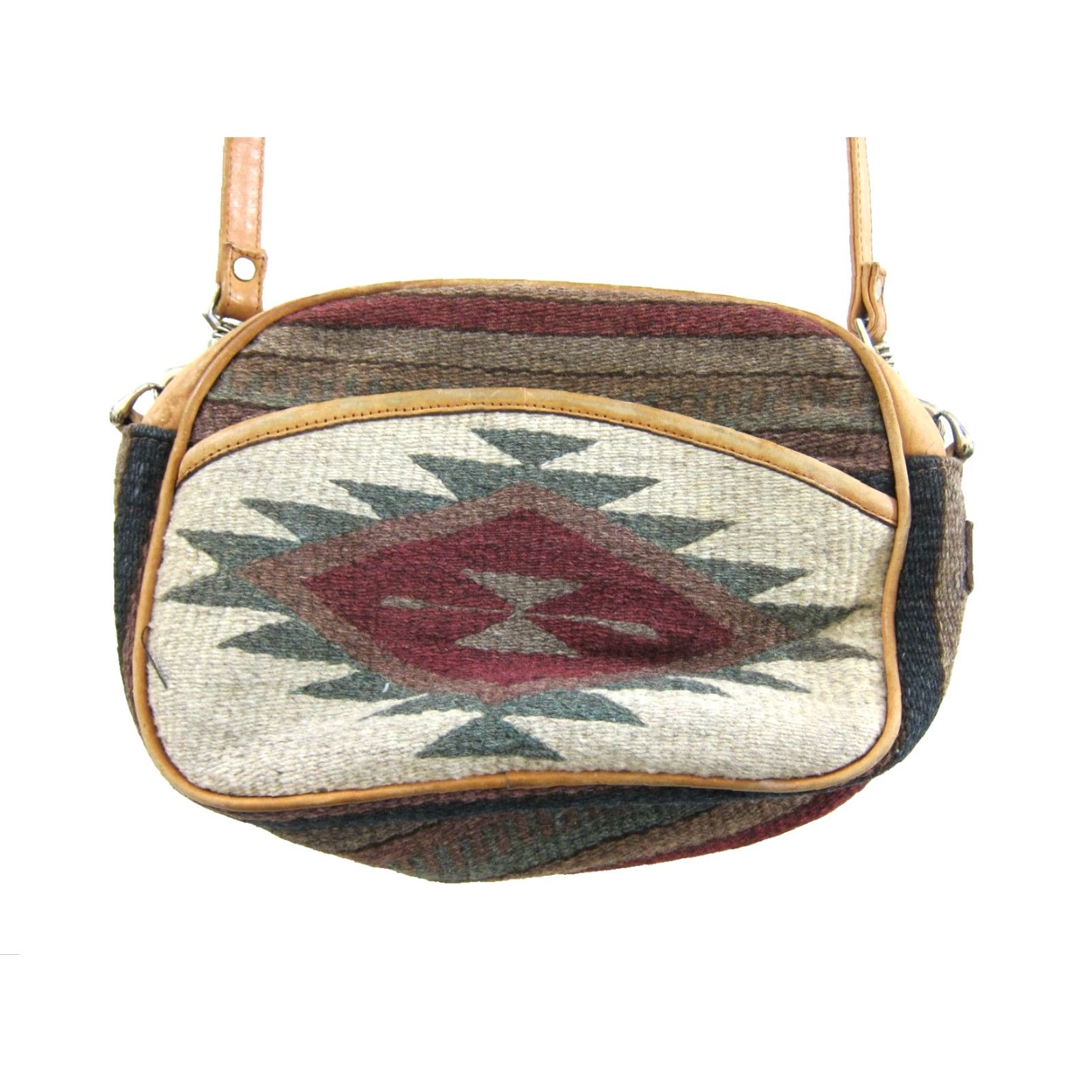 Vintage VINTAGE Bernardo Mexico Brown Leather Green Red Wool Carpet Kilim Satchel Purse Leather Purse Bag Size ONE SIZE - 4 Thumbnail