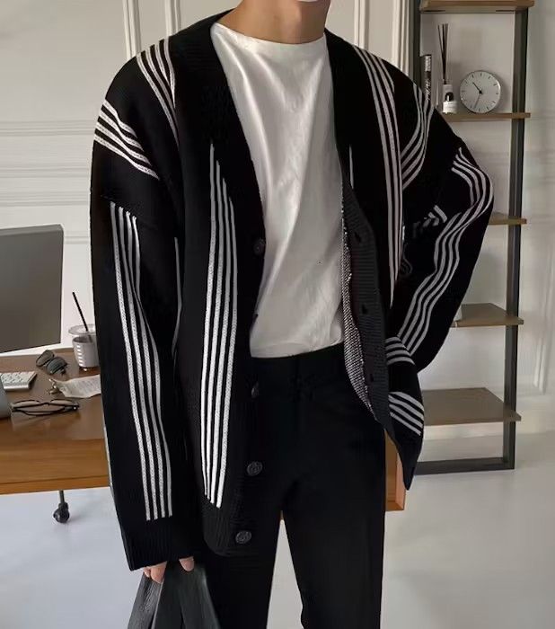 Black Striped Knit Cardigan Sweater