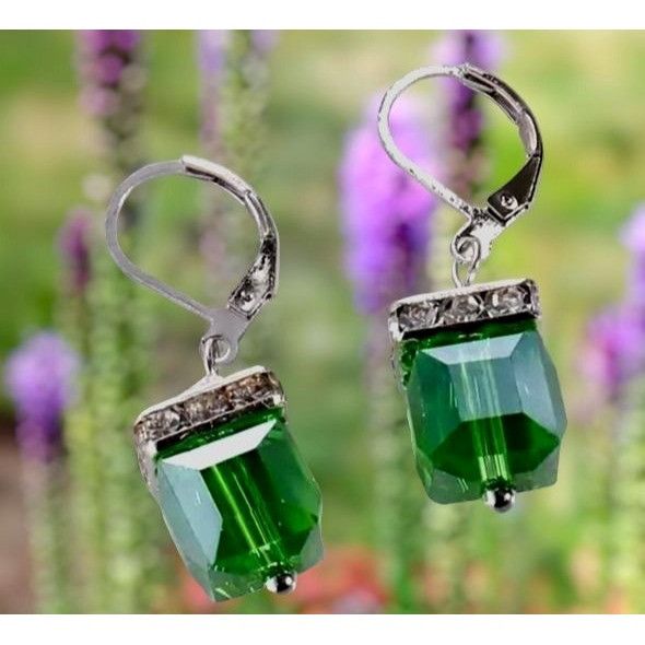 Designer × Handmade Light Emerald Earrings New Square Cube Rhinestones Wedding B Size ONE SIZE - 1 Thumbnail