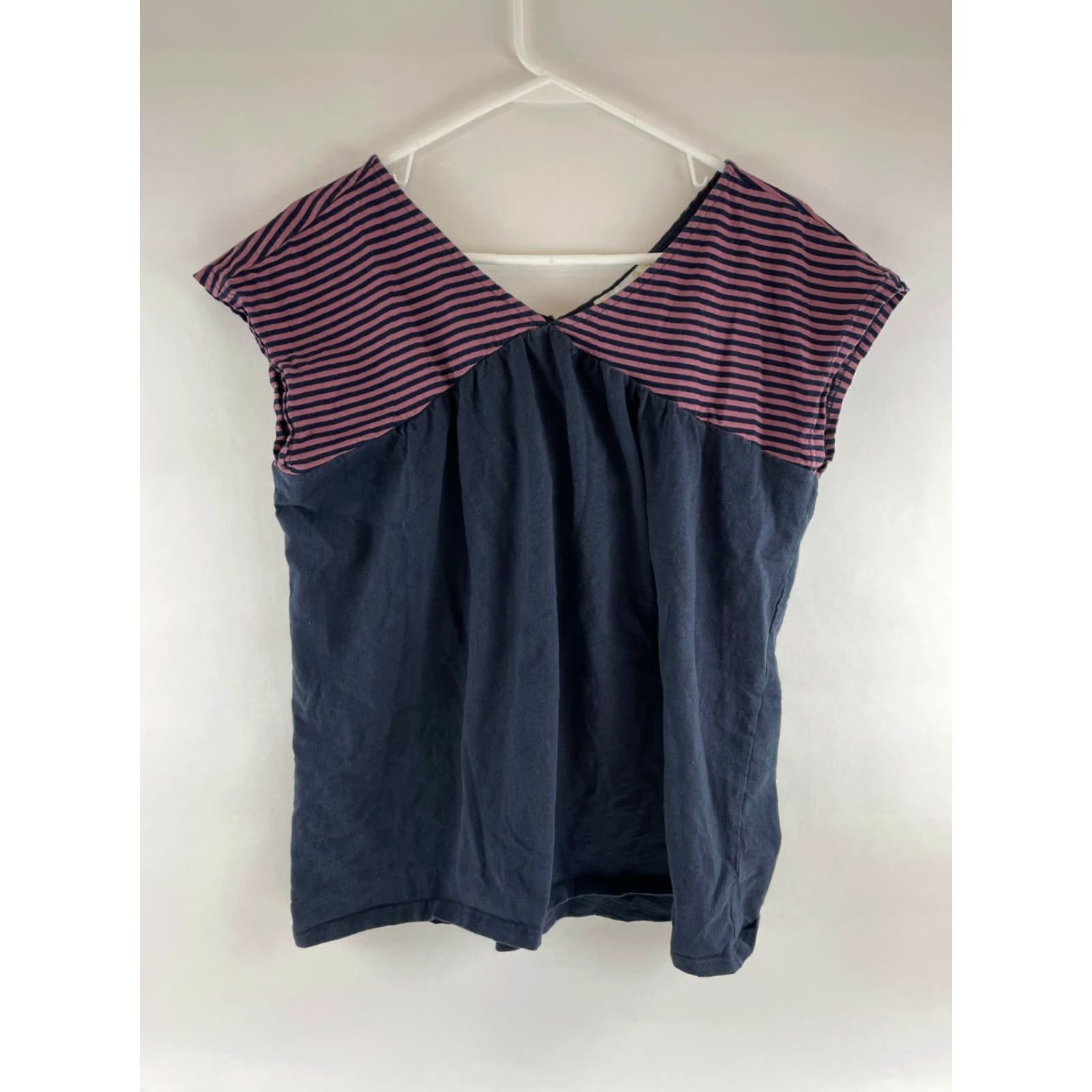 Vintage Suzanne Betro Weekend T Shirt Women's L Navy Blue Pink Striped V-neck Slv Size L / US 10 / IT 46 - 2 Thumbnail