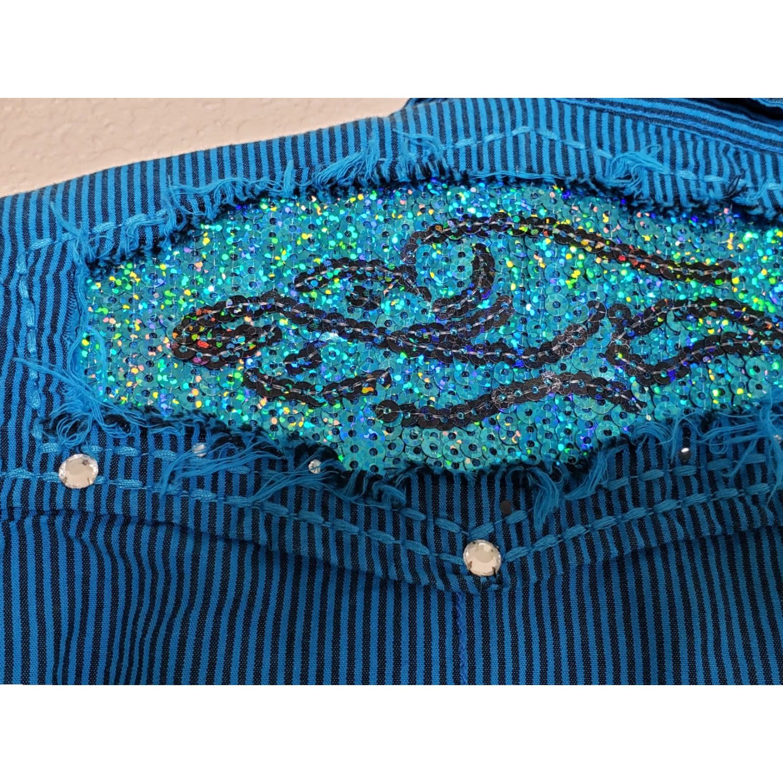 Roar Roar Western Top - Women - Button-Up Collared Long Sleeve - Size M - Blue Black Stripe - Pockets - Lightweight Cotton Size M / US 6-8 / IT 42-44 - 7 Thumbnail