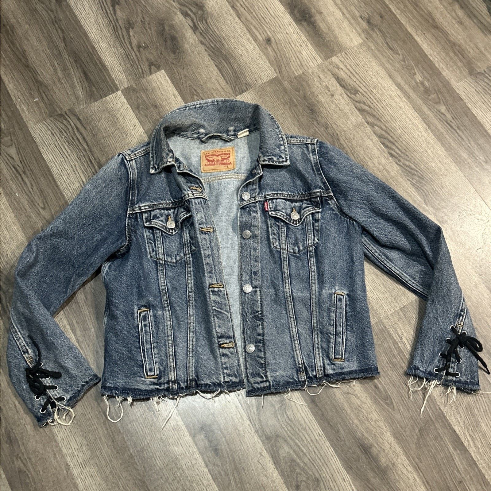Levi's Levis Jean Jacket Women’s Large Raw Hem Lace Up Sleeves Size L / US 10 / IT 46 - 1 Thumbnail