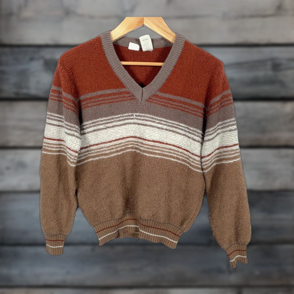 Vintage VINTAGE Alfie California Sweater Mens M Sweatshirt Knit V-Neck Chunky Pullover 70s 80s Preppy Retro Brown Red Beige Striped Regular Fit Long Sleeve Size US M / EU 48-50 / 2 - 1 Thumbnail