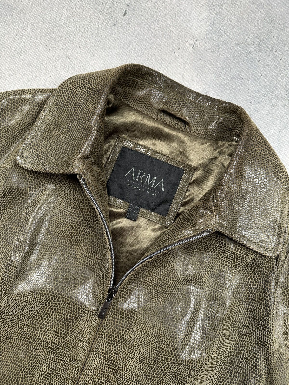 ARMA Arma Womens Croc Embossed Leather Jacket Olive Green Zip 90s Size M / US 6-8 / IT 42-44 - 6 Thumbnail