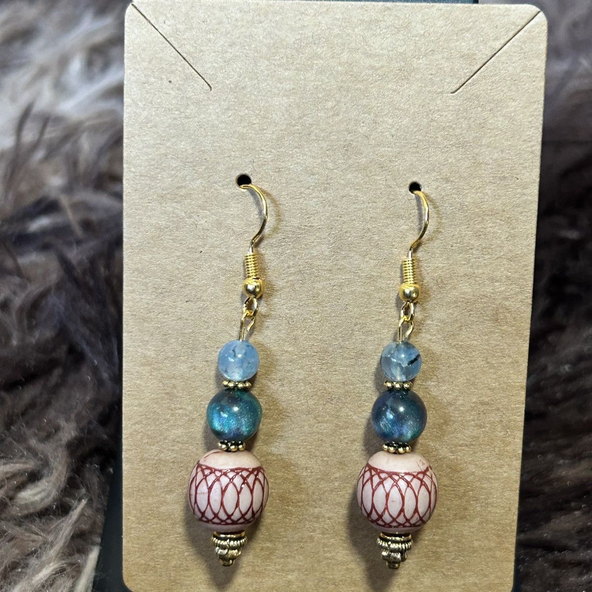 Handmade Handcrafted vintage bead dragon vein agate cat eye earrings Size ONE SIZE - 2 Thumbnail
