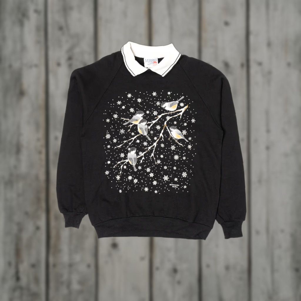 Vintage VINTAGE Chickadees In Snow Embossed Raglan Sweatshirt 1990s Morning Sun Black Large Cotton / Polyester Womens Mens? Size US L / EU 52-54 / 3 - 1 Thumbnail