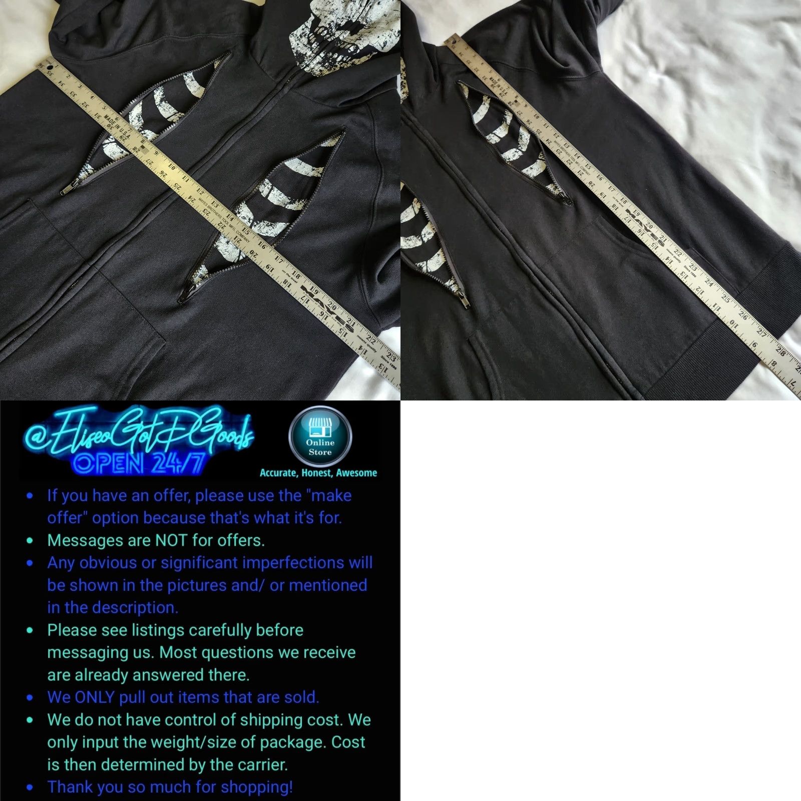 Vintage Rude XXX Black Large Skeleton Skull Death Gothic Grunge Full Zip Hoodie Jacket Mens Size L Size US L / EU 52-54 / 3 - 8 Thumbnail