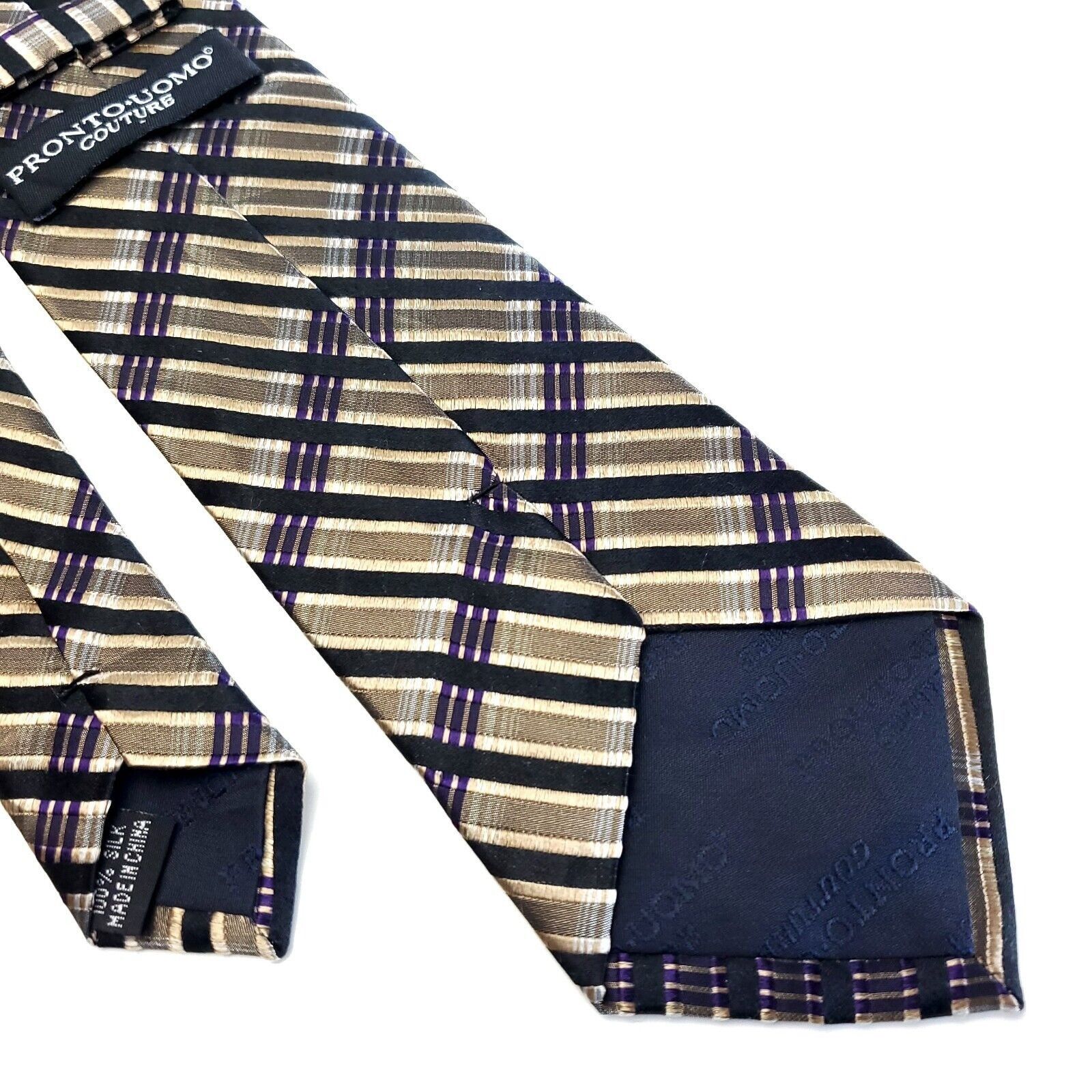 Pronto Uomo Pronto Uomo Couture Woven Tan Black Purple Plaid Silk Tie Size ONE SIZE - 5 Thumbnail