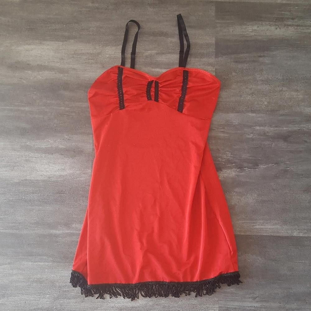Designer Red Black Fringe Detailed Lingerie Slip Size ONE SIZE - 1 Thumbnail