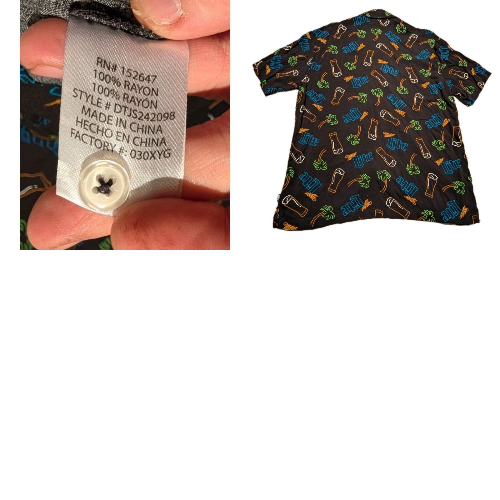 Vintage Miller Lite Beer Neon Sign Print Hawaiian Shirt Men L Black Short Sleeve Rayon Size US L / EU 52-54 / 3 - 8 Thumbnail