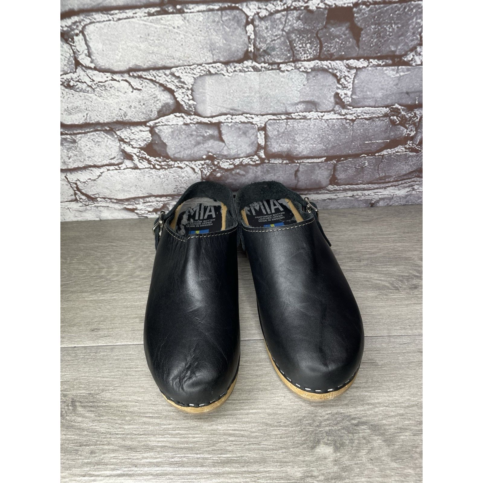 Miansai MIA Alma Swedish Black Leather Wooden Heel Strap Clogs Women Size US 9.5 / IT 39.5 - 3 Thumbnail
