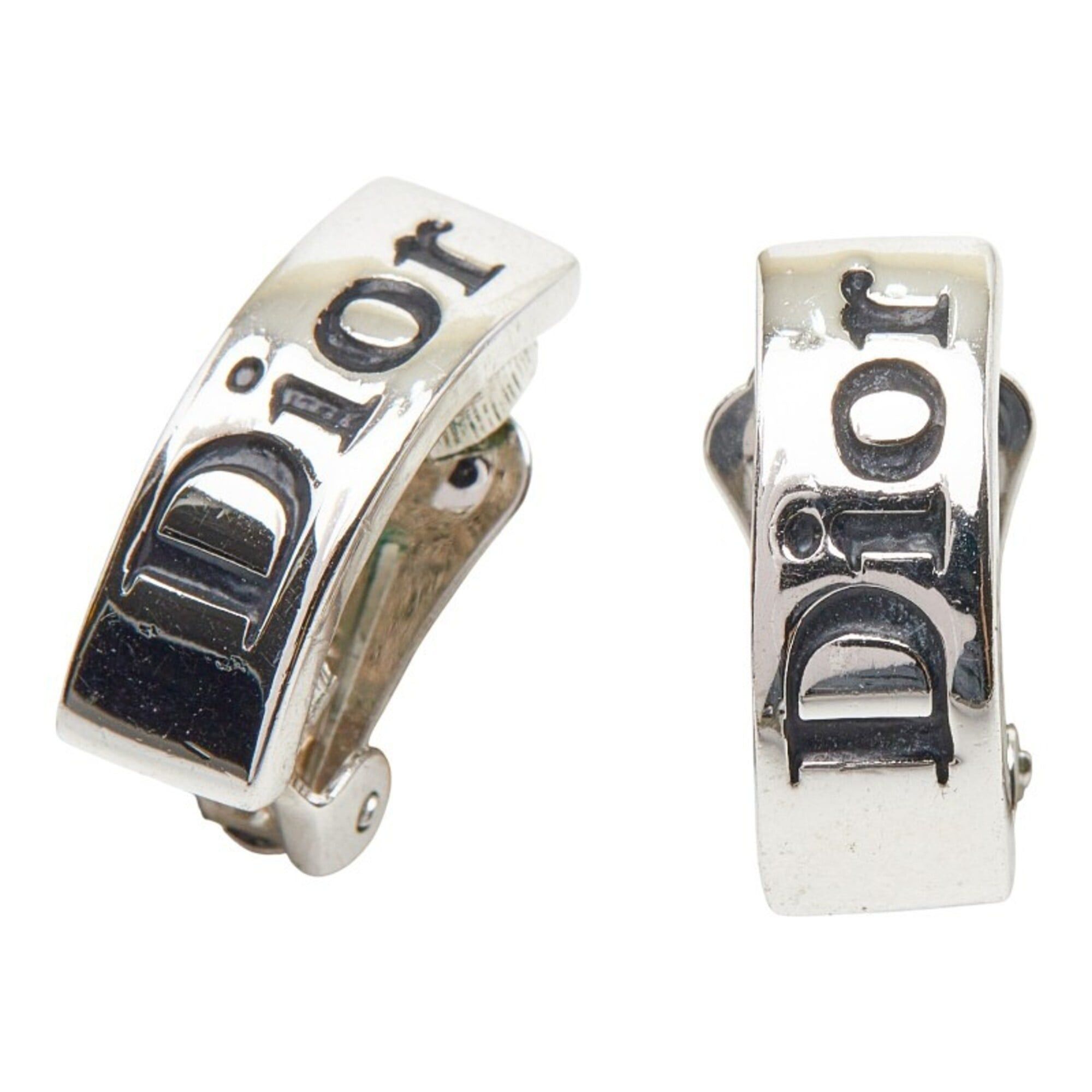 Christian Dior Dior Logo Earrings, Silver and Black Metal, Women's.