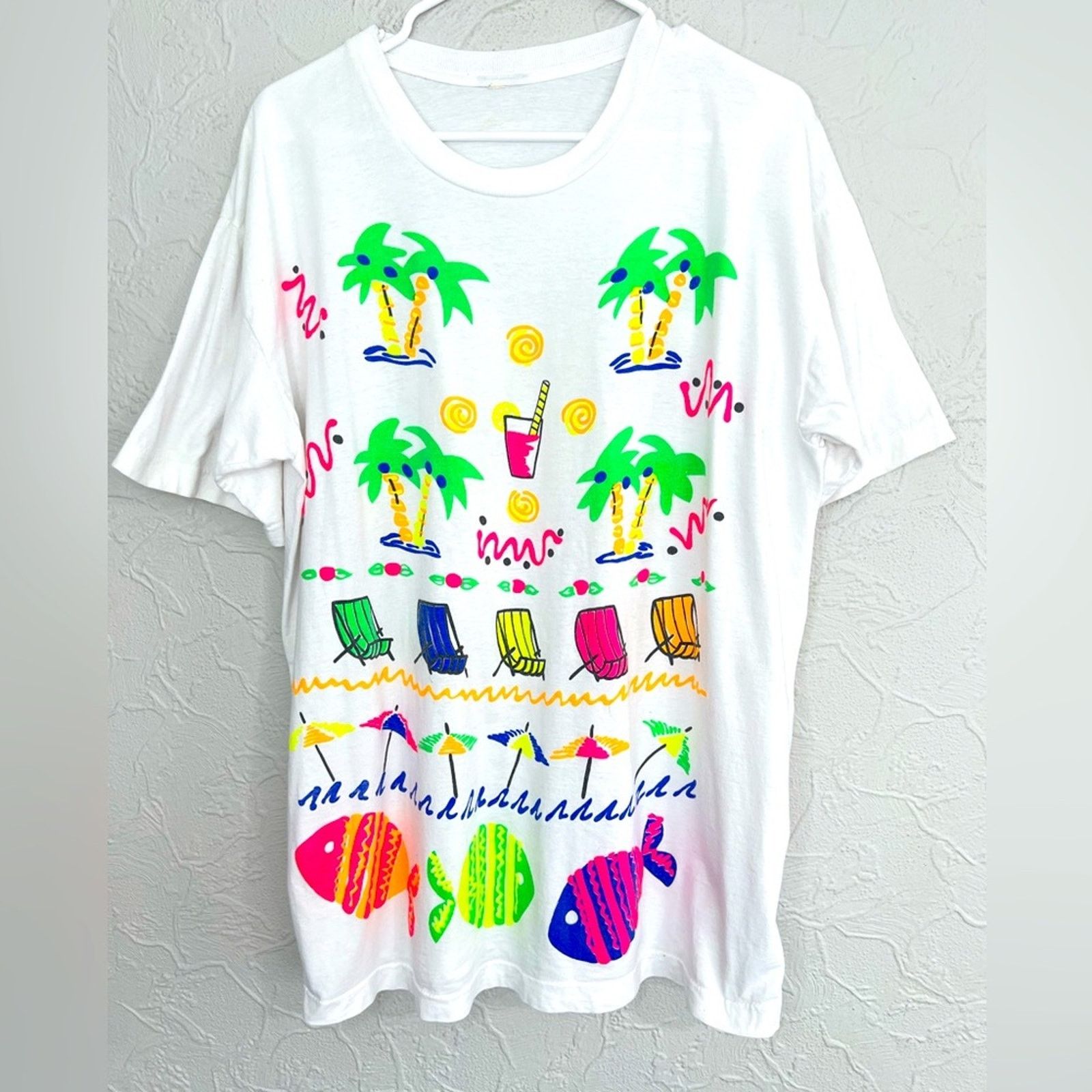 Vintage Vintage 90s Single Stitch Fish Palm Trees AOP Shirt XL Size US XL / EU 56 / 4 - 1 Thumbnail