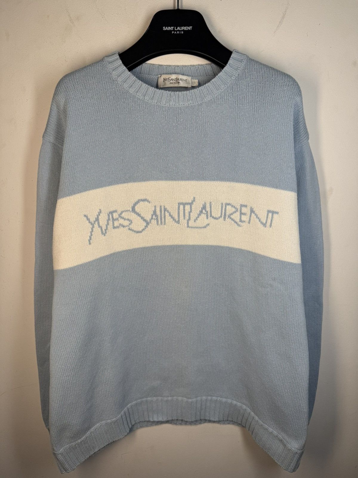 Yves Saint Laurent Blue YSL Sweater Knit Big Logo Vintage Paris Sweatshirt Rare Size US L / EU 52-54 / 3 - 2 Thumbnail