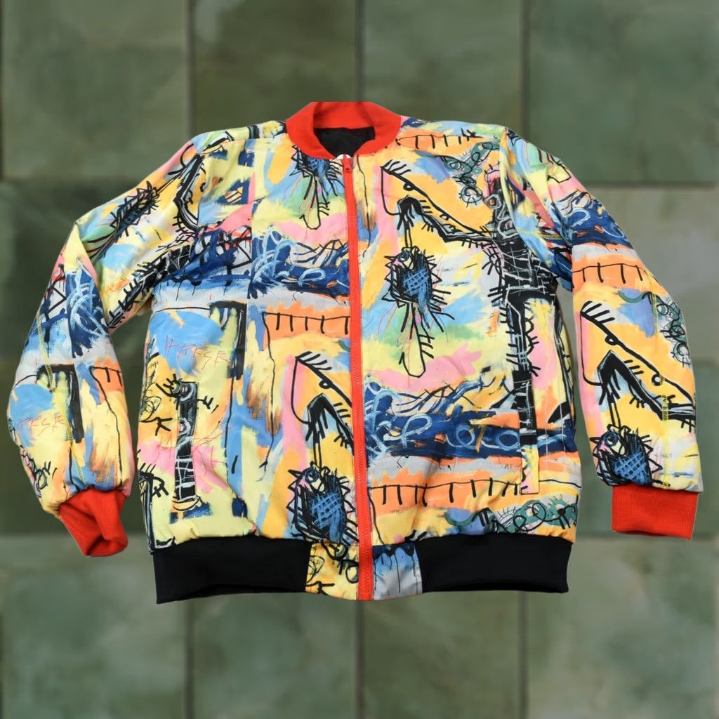 Reason Reason Jean Michel Basquiat Reversible Bomber Jacket Mens L Black Graffiti Size US 33 - 1 Thumbnail