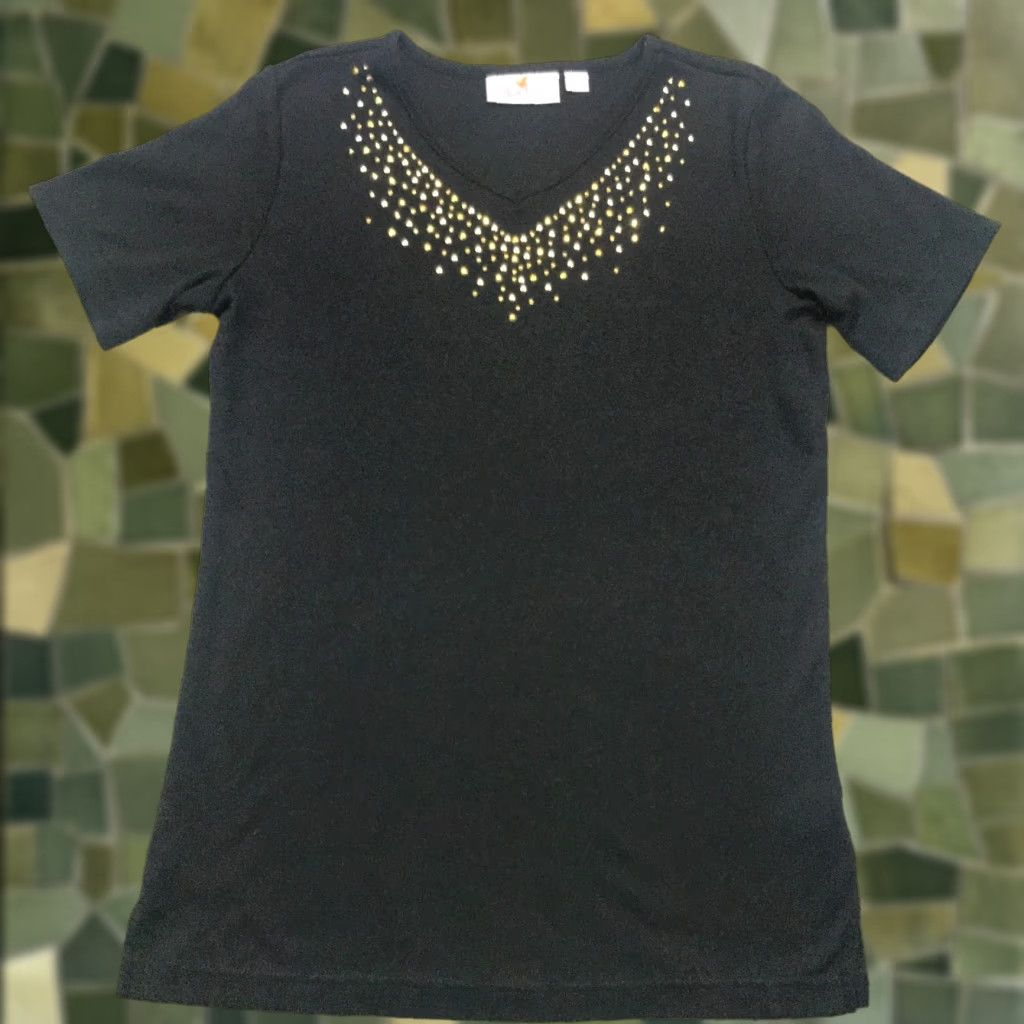 Quacker Factory Quacker Factory Shirt Womens V-Neck Black XX-Small Short Sleeve Rhinestones Embellished T-Shirt Size XXS / US 00 / IT 34 - 1 Thumbnail