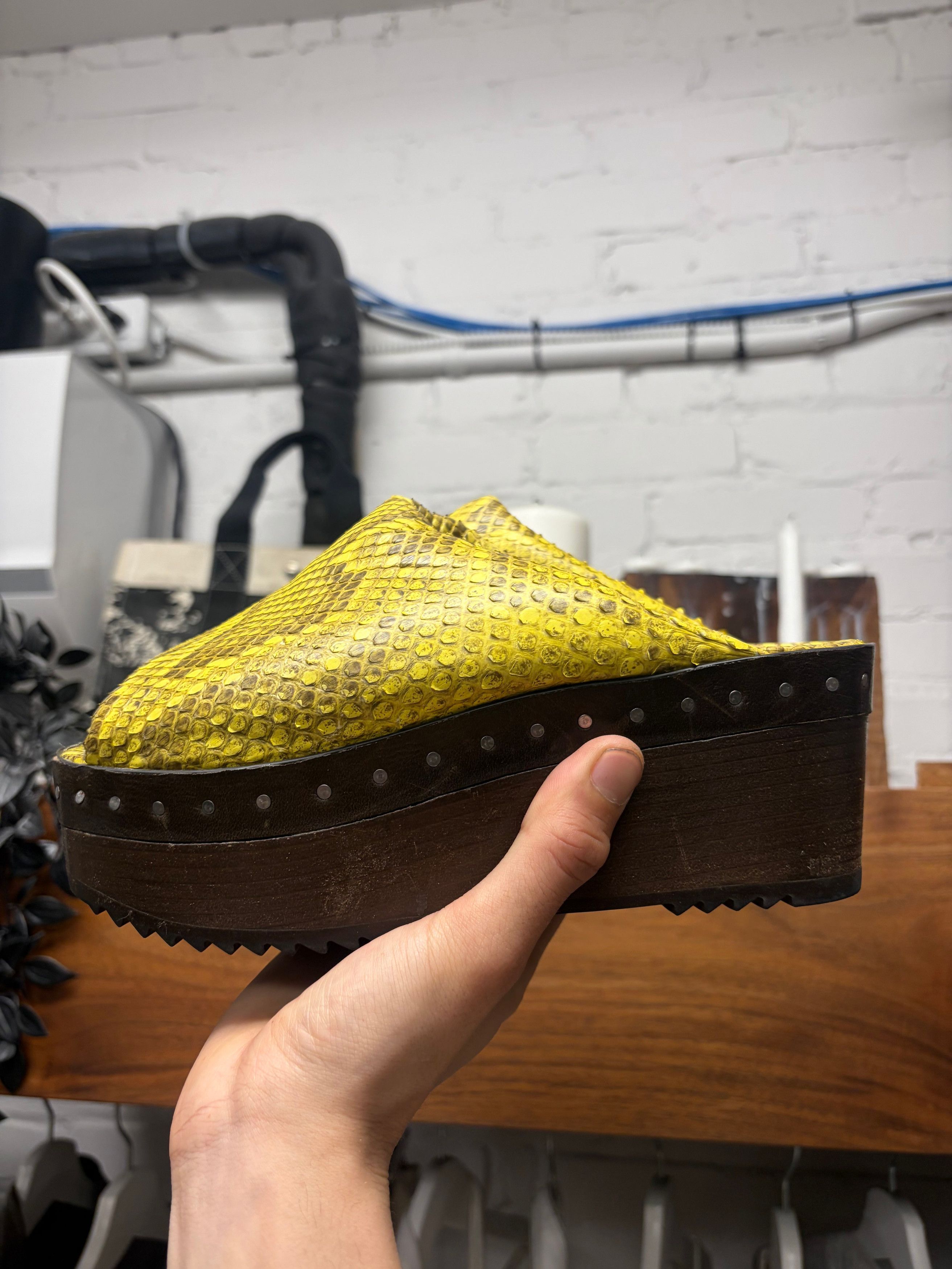 Rick Owens SS2023 Rick Owens ‘Edfu’ Yellow Python Leather Platform Wood Block Sole Sandals Size US 7.5 / IT 37.5 - 3 Thumbnail