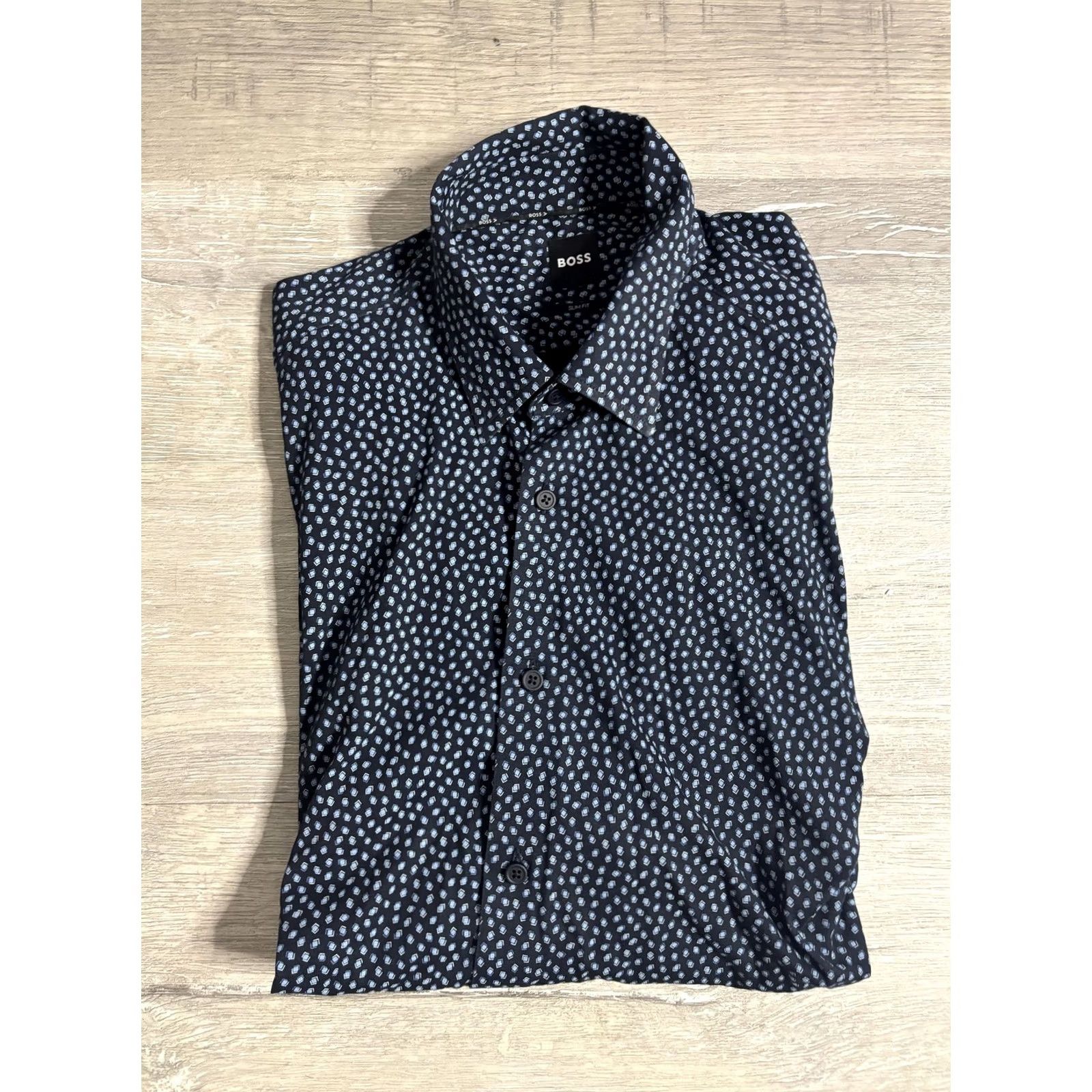 Vintage Boss Shirt Mens Medium Blue Geometric Slim Fit Long Sleeve Button Front Dress Size 40R - 2 Thumbnail