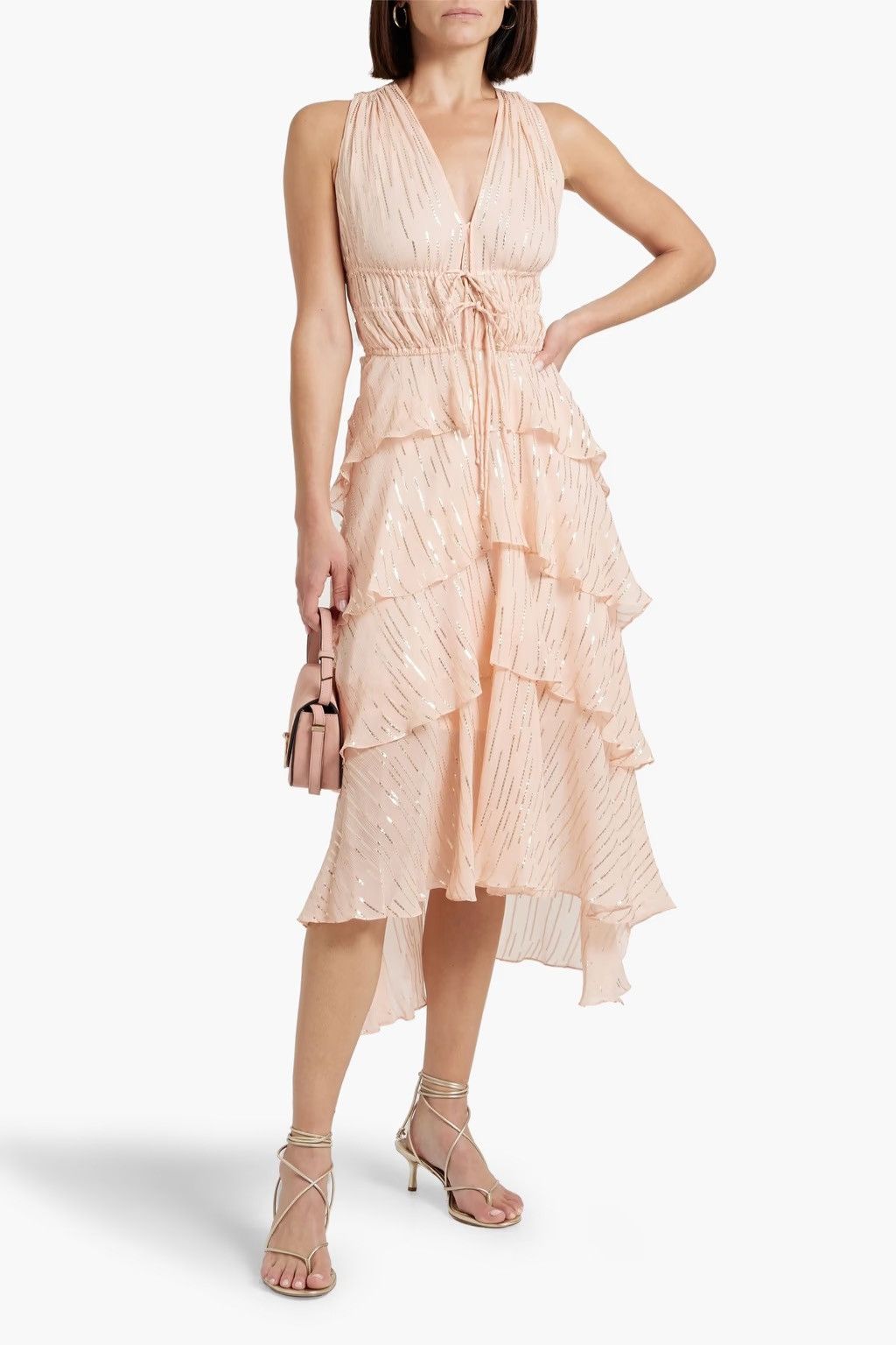 Maje MAJE Ruffled Metallic Silk-blend Crepon Midi Dress Blush Size S / US 4 / IT 40 - 1 Thumbnail