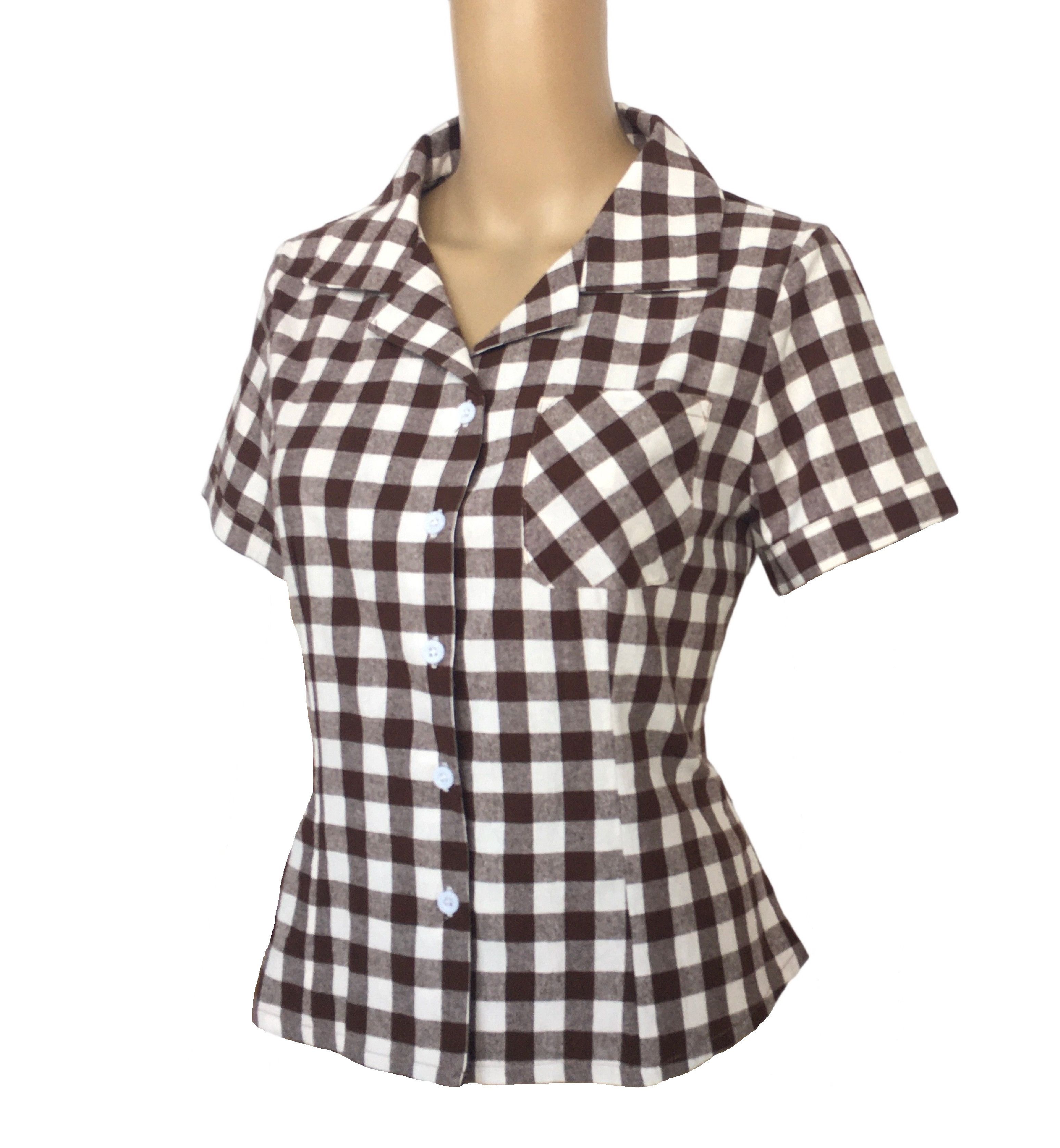 Other Women Blouse Khaki&White Checker Short Sleeves Vintage Shirt Size 3XL / US 20-22 - 2 Thumbnail