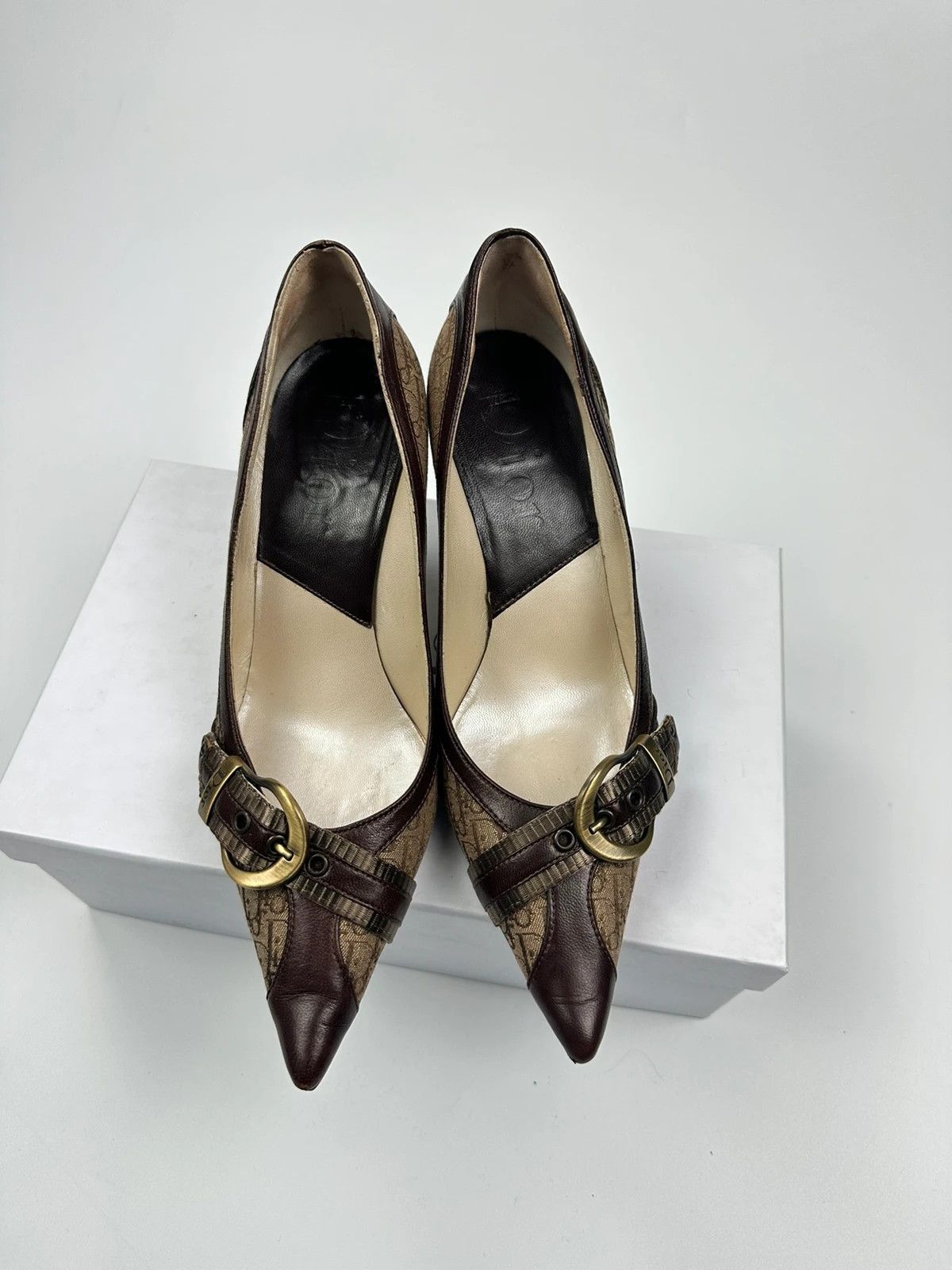 Dior Vintage Dior Monogram Heels Brown Leather with Gold Buckle Size US 7 / IT 37 - 5 Thumbnail